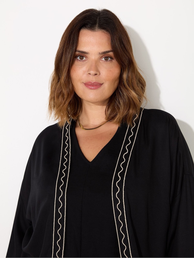 Live Unlimited Black Contrast Embroidery Kimono Jacket - Image 3 of 6