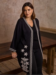 Live Unlimited Black Contrast Embroidery Kimono Jacket - Image 4 of 6
