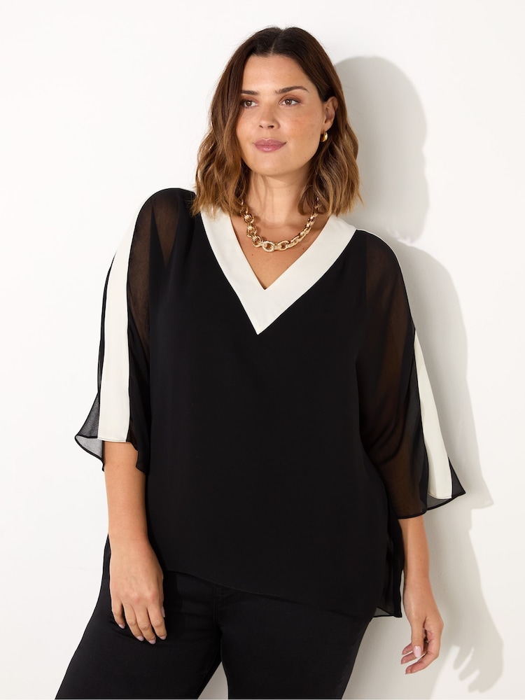 Live Unlimited Black V-Neck Colourblock Overlay Top - Image 1 of 4