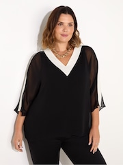 Live Unlimited Black V-Neck Colourblock Overlay Top - Image 2 of 4