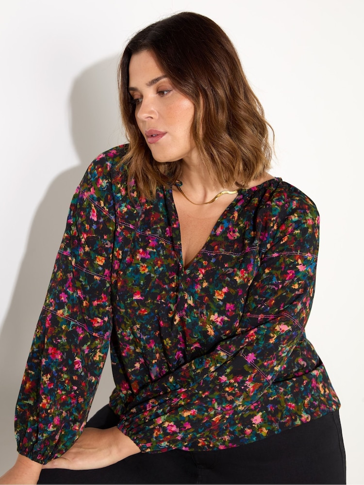Live Unlimited Curve Mehrfarbige Bluse mit Blümchenmuster und Raglanärmeln - Bild 2 von 4