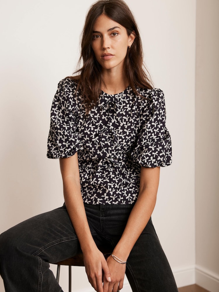 Mint Velvet Black Bow Print Puff Sleeve Top - Image 1 of 7 Mint Velvet Black Bow Print Puff Sleeve Top - Image 1 of 7