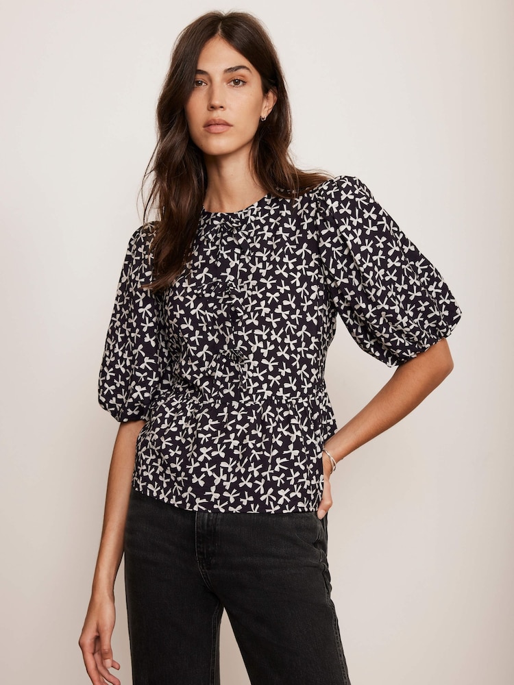 Mint Velvet Black Bow Print Puff Sleeve Top - Image 2 of 7 Mint Velvet Black Bow Print Puff Sleeve Top - Image 2 of 7