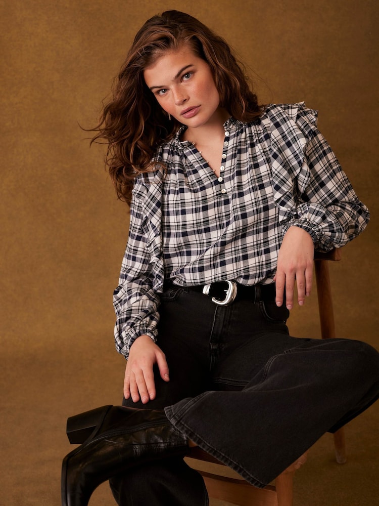 Mint Velvet Blue Checked Ruffle Blouse - Image 3 of 7