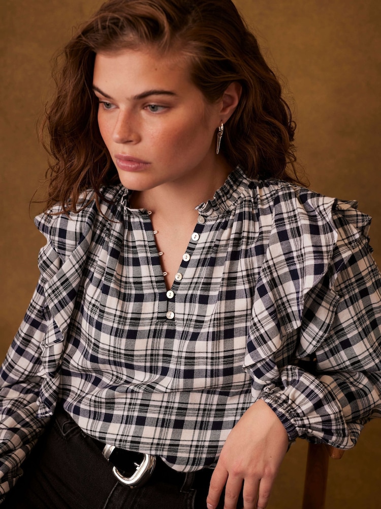 Mint Velvet Blue Checked Ruffle Blouse - Image 4 of 7