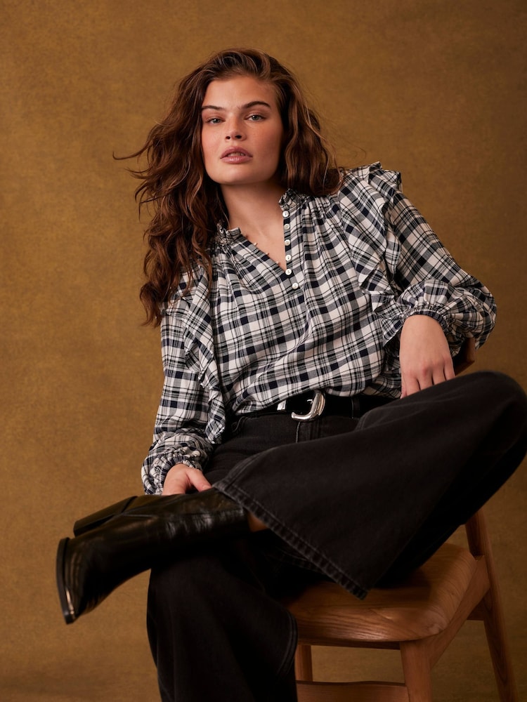 Mint Velvet Blue Checked Ruffle Blouse - Image 5 of 7