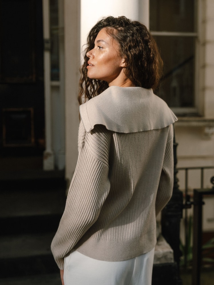 Chelsea Peers Nude Ribbed Knit Quarter Zip Funnel Sweatshirt - Image 3 of 5