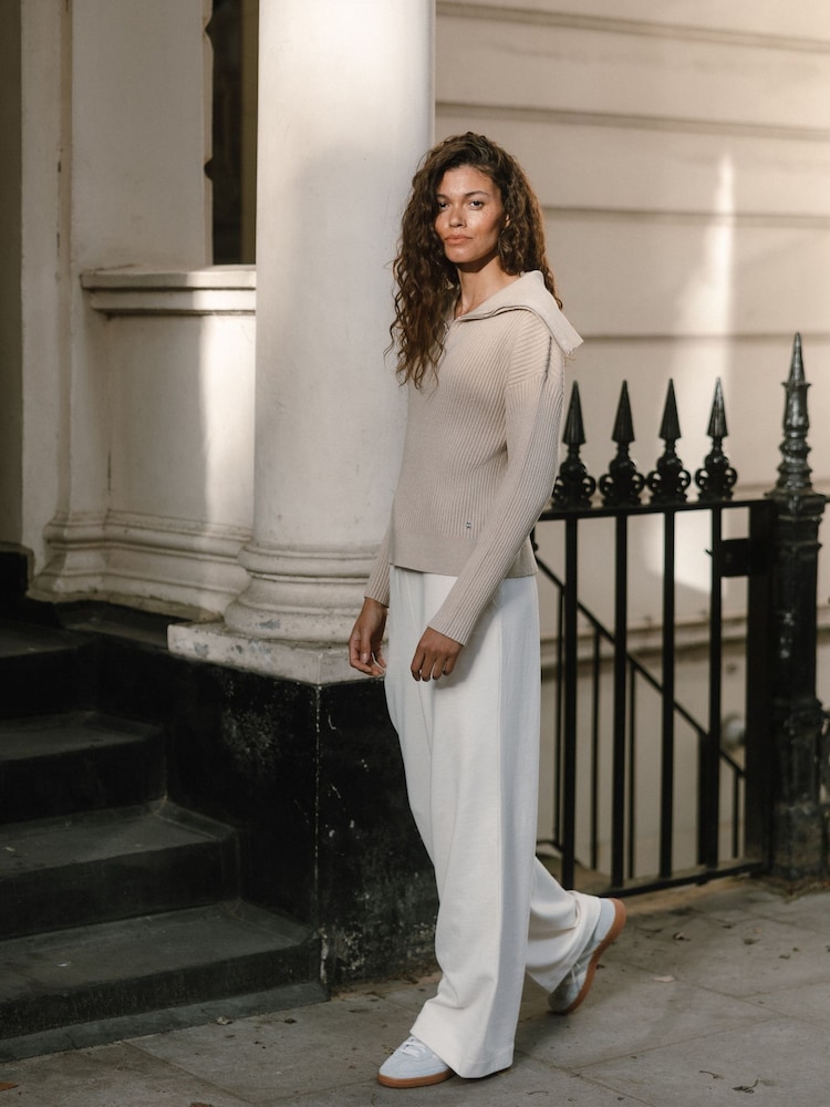 Chelsea Peers Nude Ribbed Knit Quarter Zip Funnel Sweatshirt - Image 4 of 5