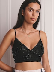 Black Premium Embellished Lace and Sequin Longline Bralette - Image 1 of 4
