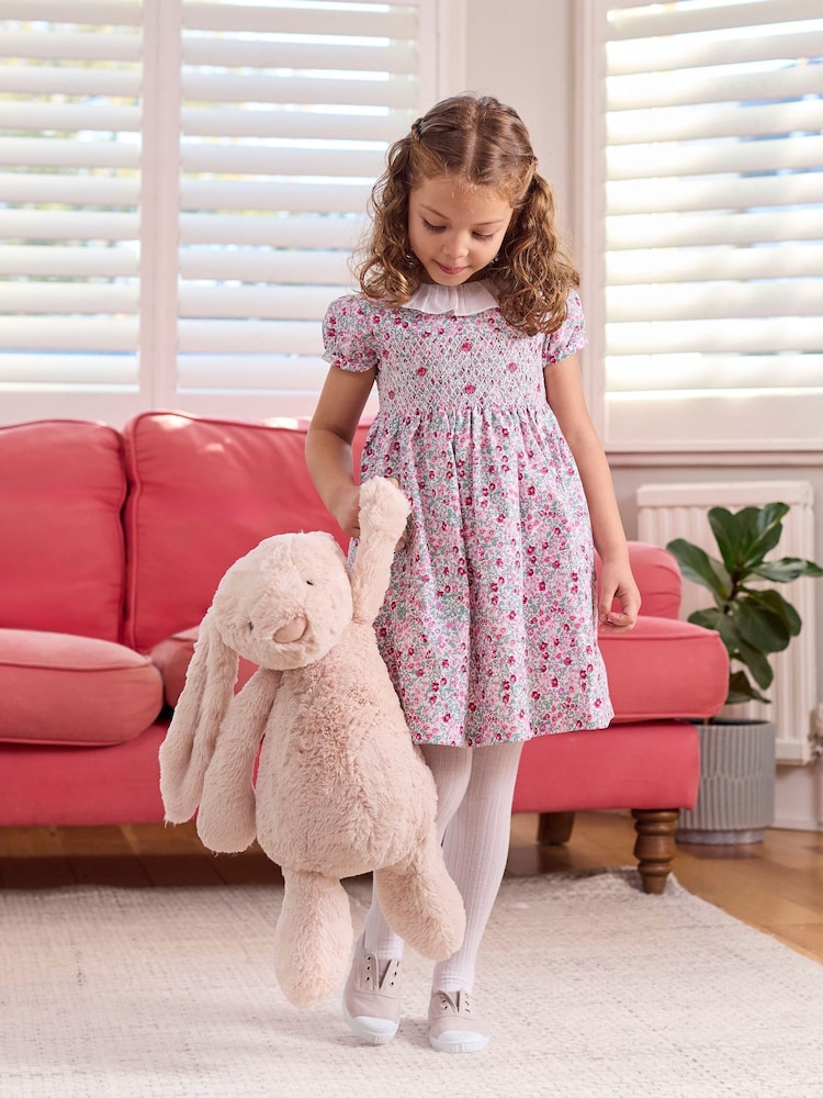 Trotters London Pink Floral Catherine Smocked 100% Cotton Dress - Image 1 of 5