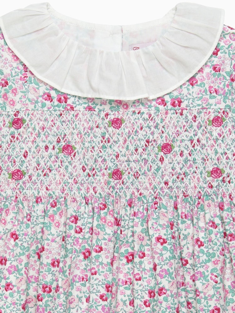 Trotters London Pink Floral Catherine Smocked 100% Cotton Dress - Image 5 of 5