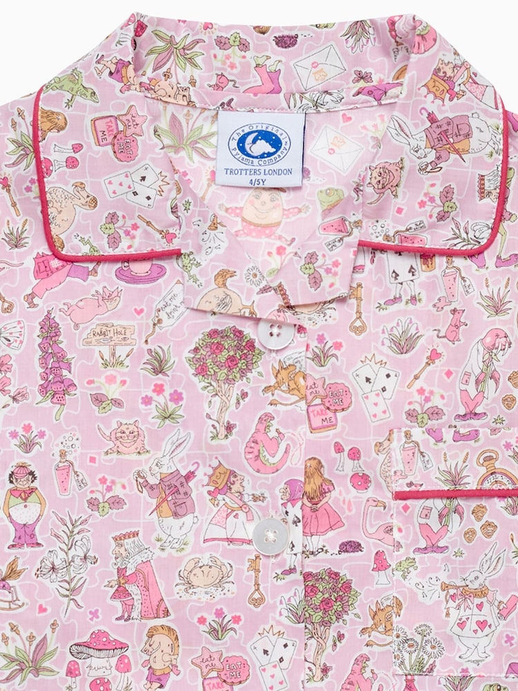 Trotters London Liberty Print Pink Alice In Wonderland 100% Cotton Pyjamas - Image 4 of 4