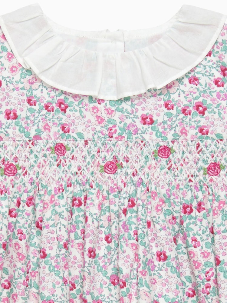 Trotters London Little Pink Floral Catherine Smocked 100% Cotton Dress - Image 3 of 3