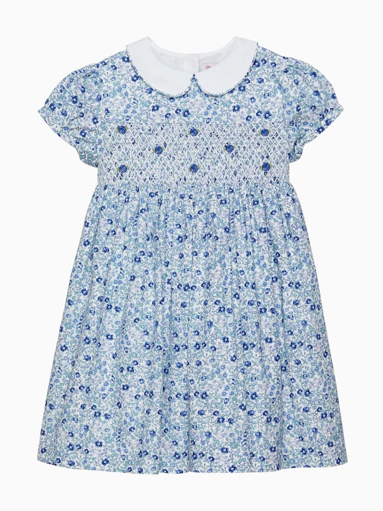 Trotters London Blue Floral Catherine Smocked 100% Cotton Dress - Image 1 of 4
