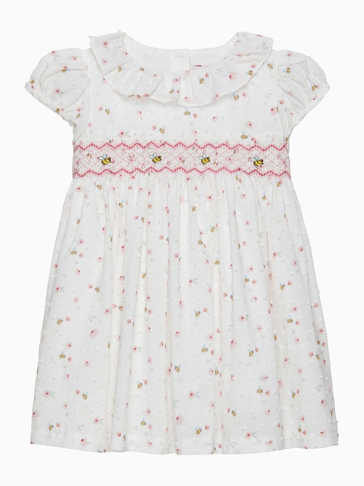 Trotters London Little Floral Bee 100% Cotton Smocked White Dress - Image 1 of 3