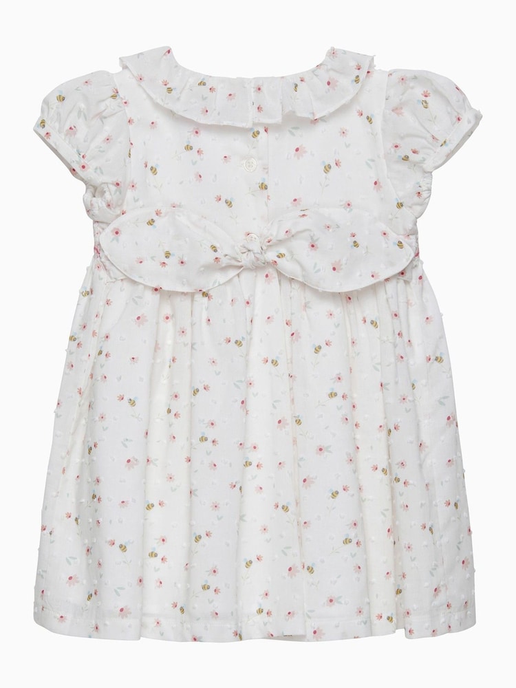 Trotters London Little Floral Bee 100% Cotton Smocked White Dress - Image 2 of 3