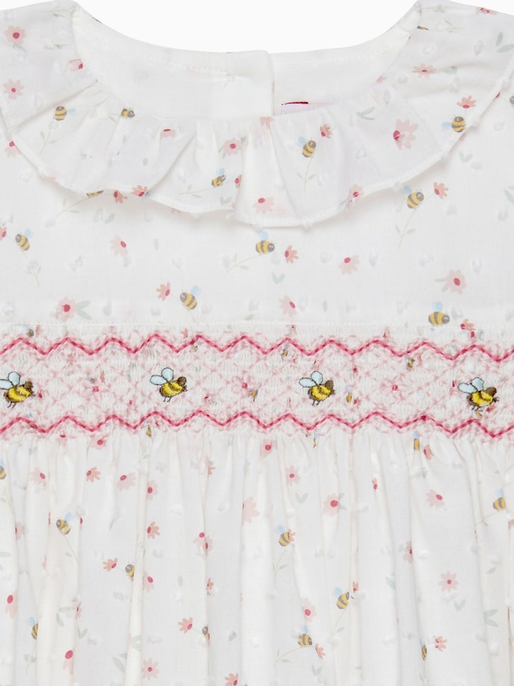 Trotters London Little Floral Bee 100% Cotton Smocked White Dress - Image 3 of 3