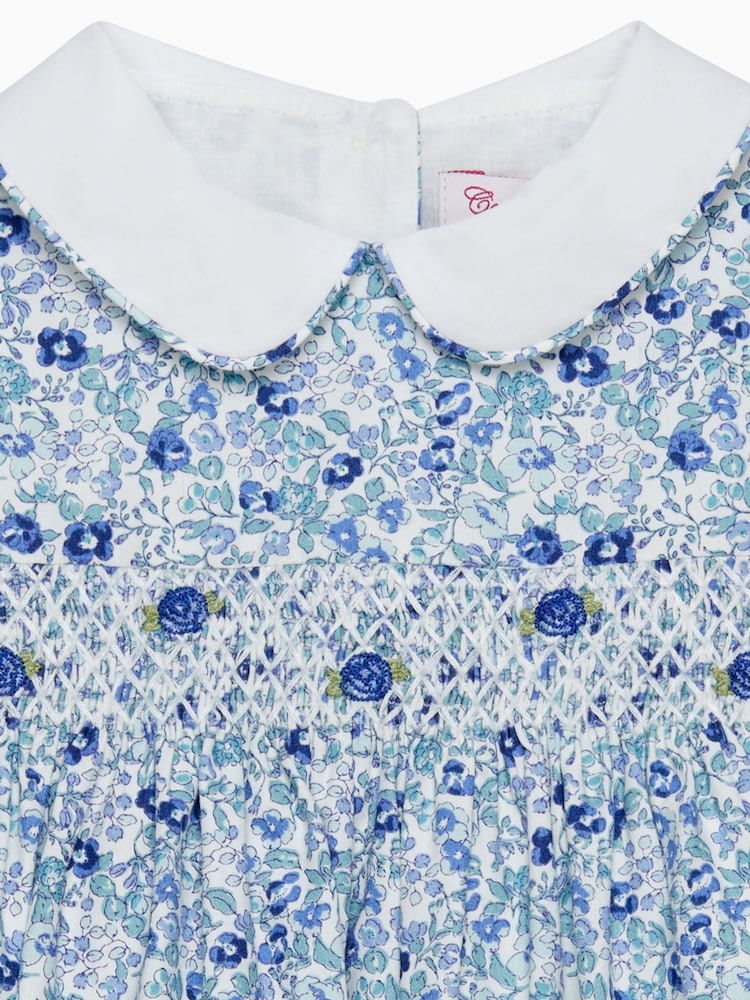 Trotters London Little Blue Floral Catherine Smocked 100% Cotton Dress - Image 3 of 3