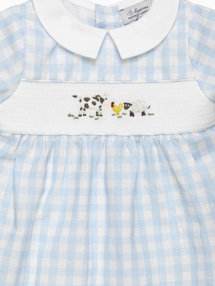 Trotters London Newborn Blue Gingham Farmyard Romper - Image 3 of 3