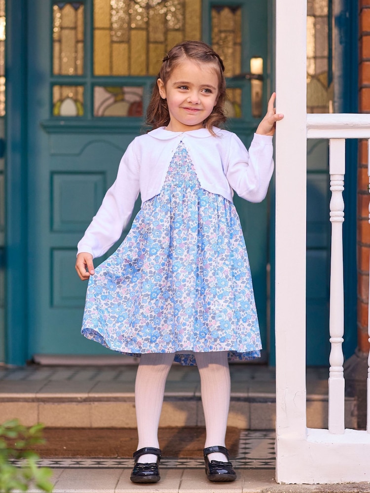 Trotters London Liberty Print Blue 100% Cotton Betsy Smocked Dress - Image 1 of 5