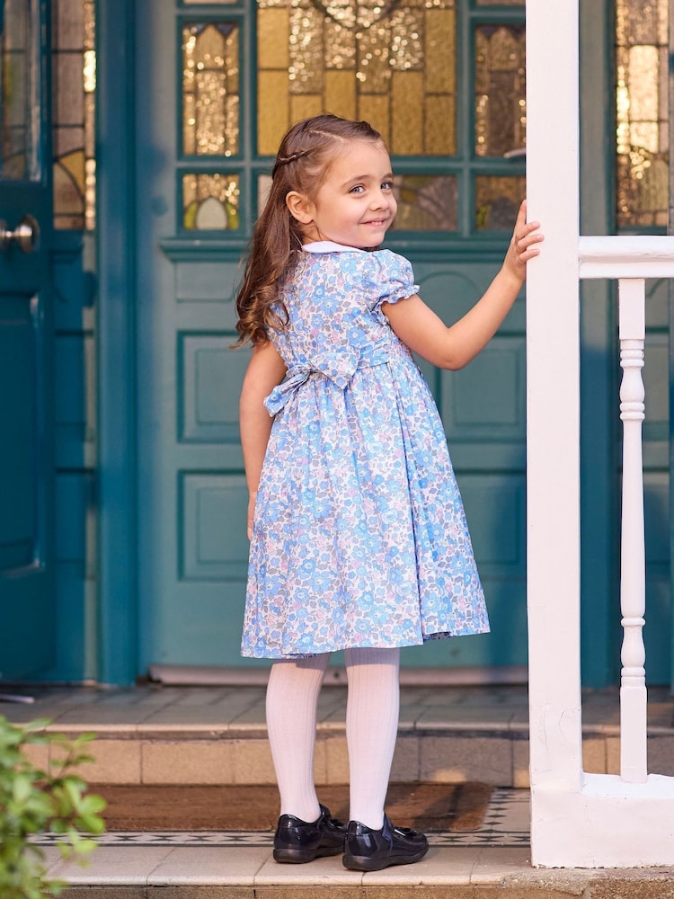 Trotters London Liberty Print Blue 100% Cotton Betsy Smocked Dress - Image 2 of 5