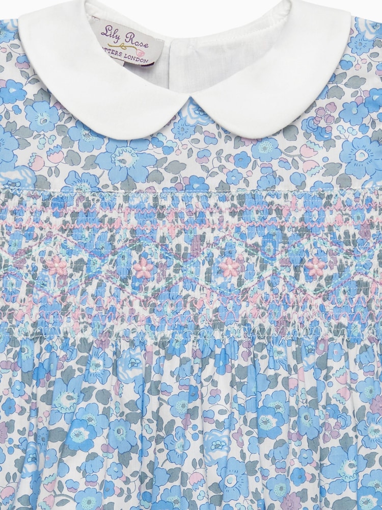 Trotters London Liberty Print Blue 100% Cotton Betsy Smocked Dress - Image 5 of 5