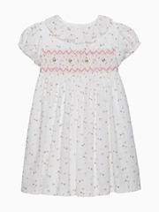 Trotters London Floral Bee Smocked 100% Cotton White Dress - Image 1 of 3