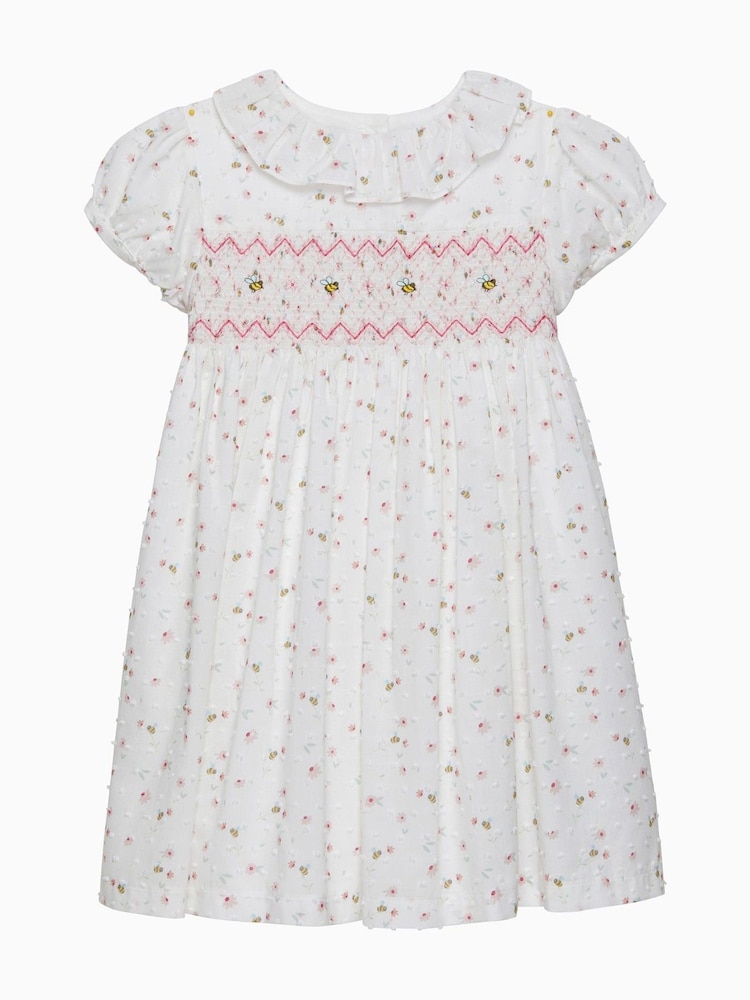 Trotters London Floral Bee Smocked 100% Cotton White Dress - Image 1 of 3