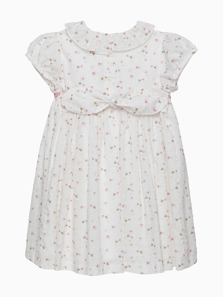 Trotters London Floral Bee Smocked 100% Cotton White Dress - Image 2 of 3 Trotters London Floral Bee Smocked 100% Cotton White Dress - Image 2 of 3