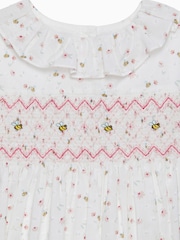 Trotters London Floral Bee Smocked 100% Cotton White Dress - Image 3 of 3