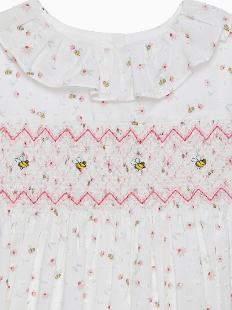 Trotters London Floral Bee Smocked 100% Cotton White Dress - Image 3 of 3