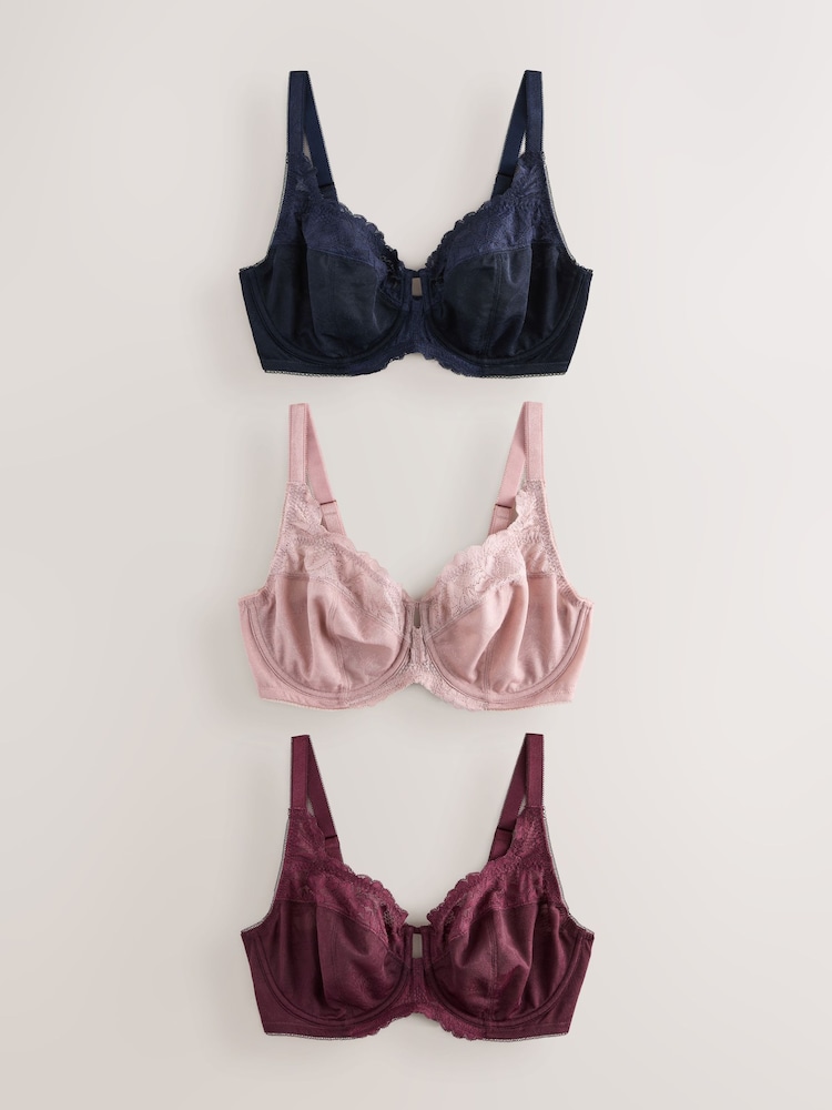 Navy/Berry/Pink DD+ Lace Trim Non Pad Full Cup Underwired Bras 3 Pack - Image 1 of 11