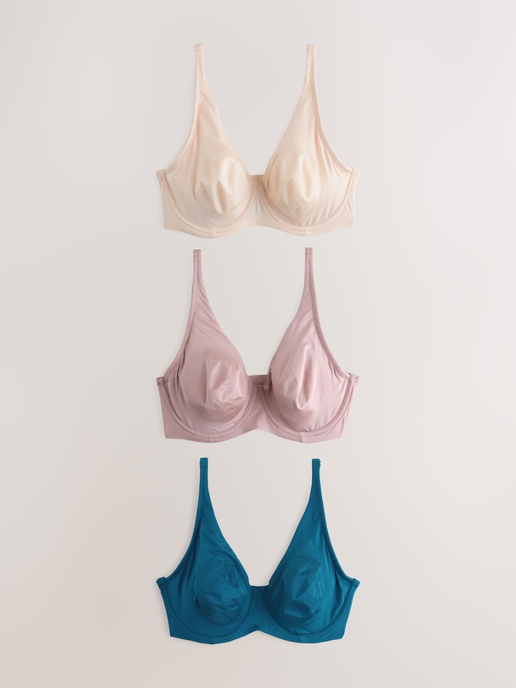 Blue/Pink/Cream Non Pad Full Cup DD+ Microfibre Smoothing Ultimate Comfort T-Shirt Bras 3 Pack - Image 1 of 6 Blue/Pink/Cream Non Pad Full Cup DD+ Microfibre Smoothing Ultimate Comfort T-Shirt Bras 3 Pack - Image 1 of 6