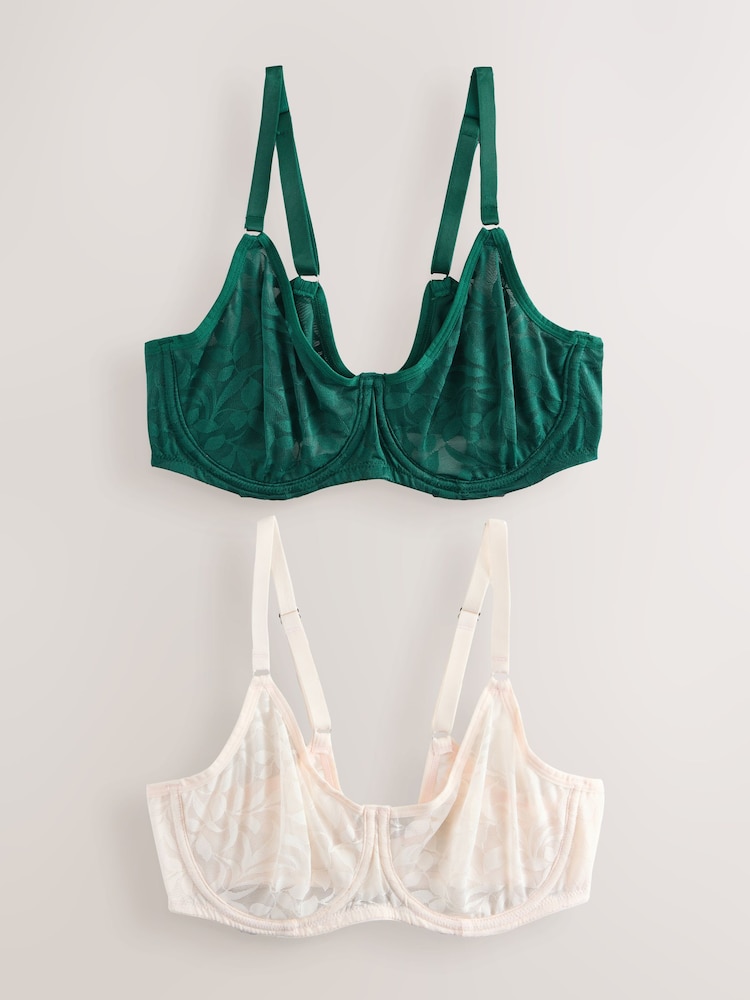Green/Ecru DD-G Lace Non Pad Full Cup Bras 2 Pack - Image 1 of 9 Green/Ecru DD-G Lace Non Pad Full Cup Bras 2 Pack - Image 1 of 9