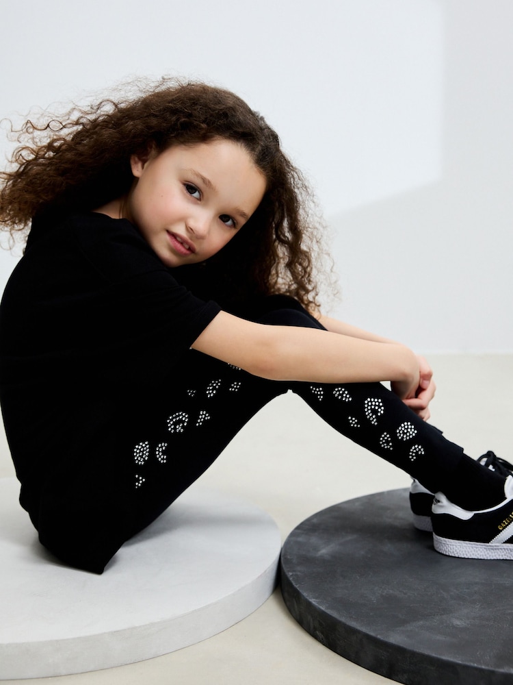 Black Animal Diamante Party Leggings (3-16yrs) - Image 1 of 6