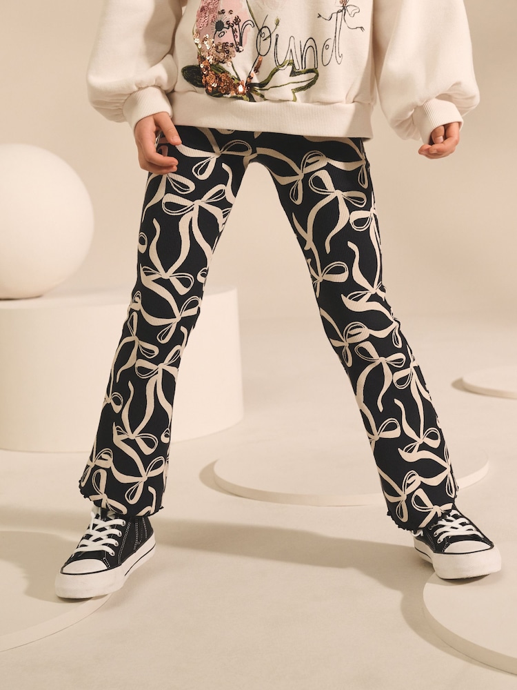 Black/White Bow 1 Pack Rib Flare Leggings (3-16yrs) - Image 2 of 8 Black/White Bow 1 Pack Rib Flare Leggings (3-16yrs) - Image 2 of 8