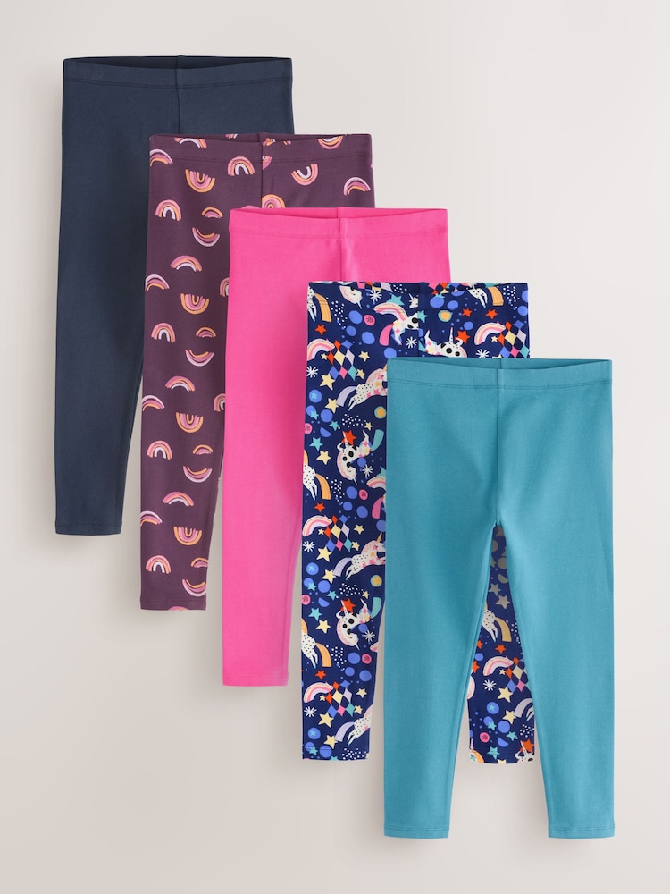 Navy/Pink Rainbow Unicorn Leggings 5 Pack (3-16yrs) - Image 1 of 4