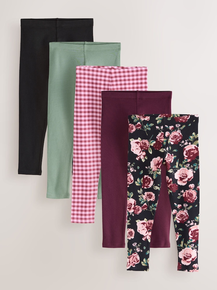 Floral/Check/Berry Red Leggings 5 Pack (3-16yrs) - Image 1 of 9 Floral/Check/Berry Red Leggings 5 Pack (3-16yrs) - Image 1 of 9