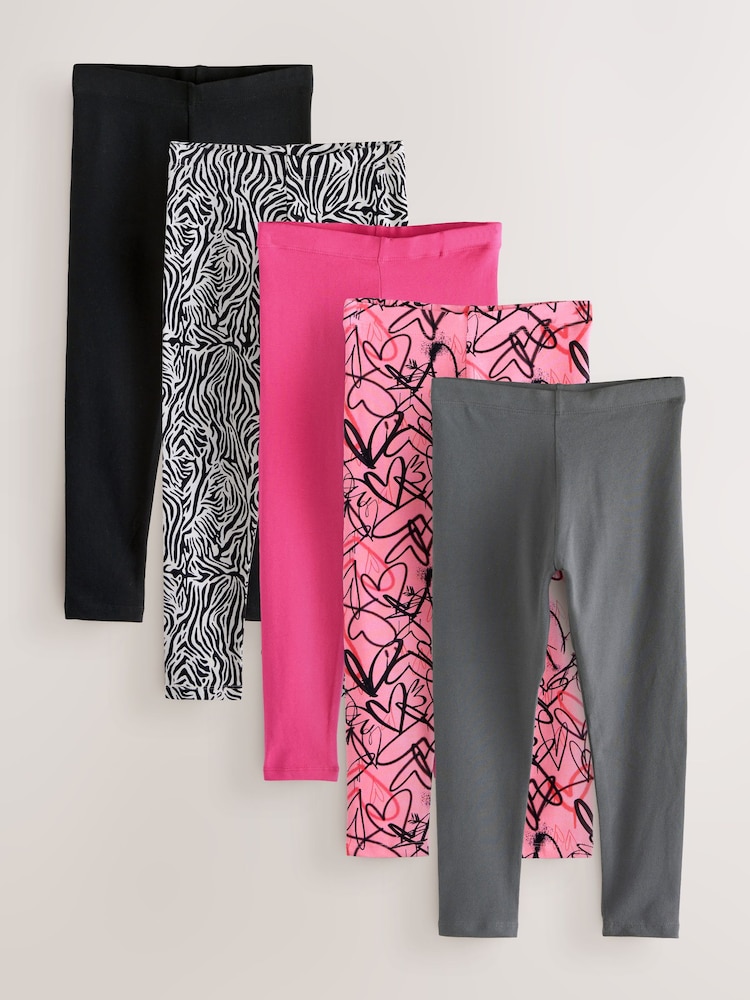 Pink/Charcoal Heart Leggings 5 Pack (3-16yrs) - Image 1 of 9
