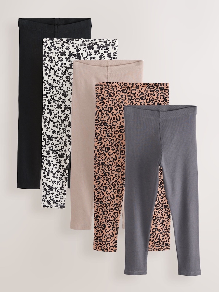 Animal/Neutral Ribbed Leggings 5 Pack (3-16yrs) - Image 1 of 7