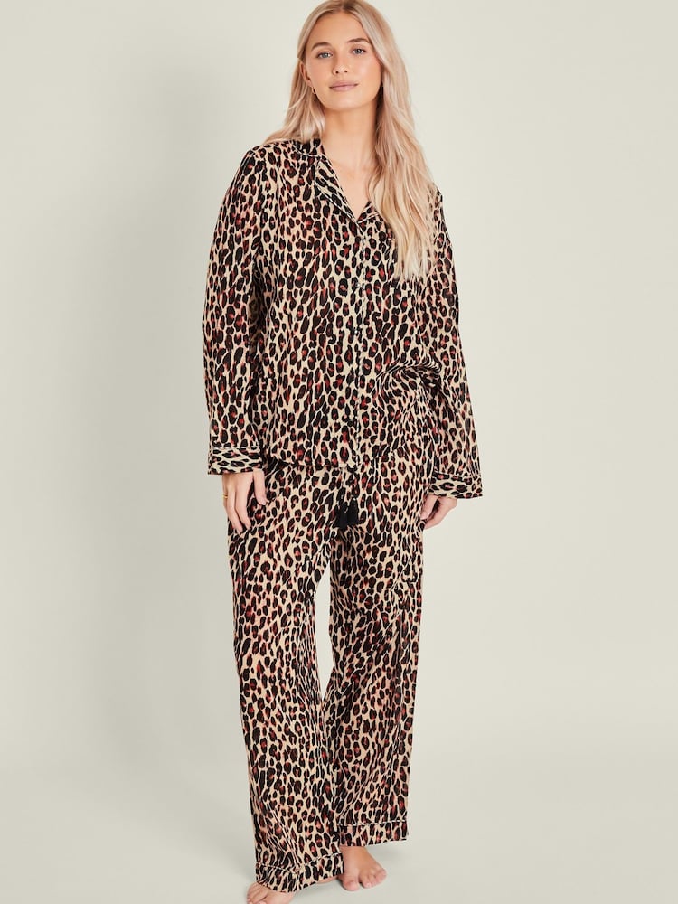 Accessorize Natural Leopard Print Long 100% Cotton Pyjamas Set - Image 1 of 4