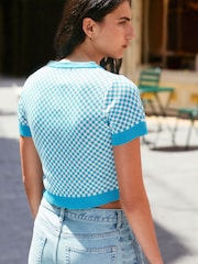 Blue Bright Gingham Summer Graphic Print Crew Neck T-Shirt - Image 2 of 6