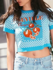 Blue Bright Gingham Summer Graphic Print Crew Neck T-Shirt - Image 3 of 6
