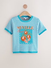 Blue Bright Gingham Summer Graphic Print Crew Neck T-Shirt - Image 4 of 6