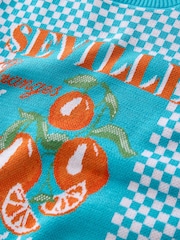 Blue Bright Gingham Summer Graphic Print Crew Neck T-Shirt - Image 5 of 6
