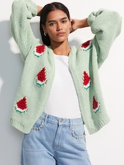 Green Mint Watermelon Print - Relaxed Chunky Knit Cardigan with Cotton - Imagen 1 de 5