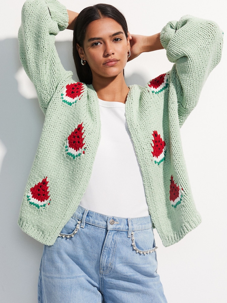 Green Mint Watermelon Print - Relaxed Chunky Knit Cardigan with Cotton - Imagen 1 de 5