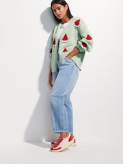 Green Mint Watermelon Print - Relaxed Chunky Knit Cardigan with Cotton - Imagen 2 de 5