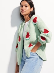 Green Mint Watermelon Print - Relaxed Chunky Knit Cardigan with Cotton - Imagen 3 de 5