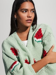 Green Mint Watermelon Print - Relaxed Chunky Knit Cardigan with Cotton - Imagen 5 de 5